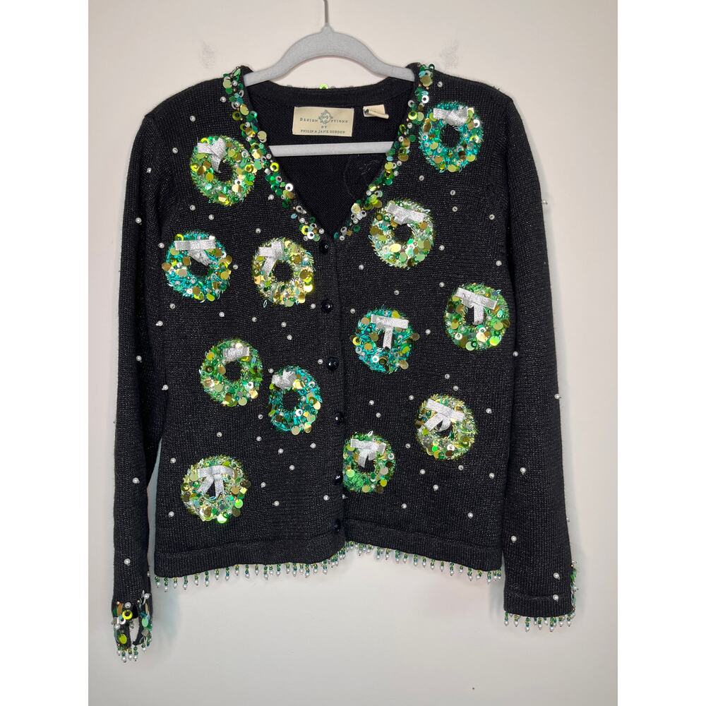 2000s Design Options Christmas Sequins Glam Jeweled Festive Wreaths Cardigan M